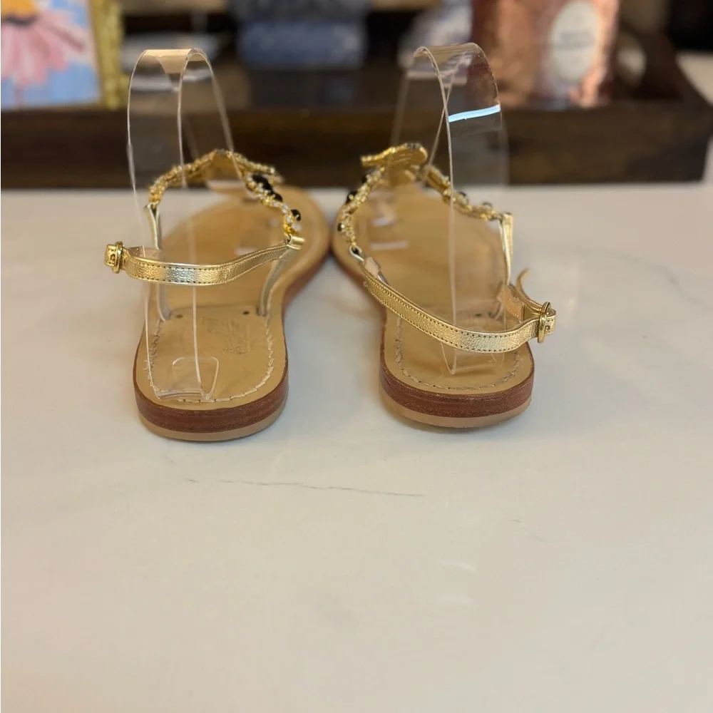 💛🖤 LA BOTTEGA CAPRESE MADE IN ITALY GOLD LEATHER AND CRYSTAL THONG SANDAL.!